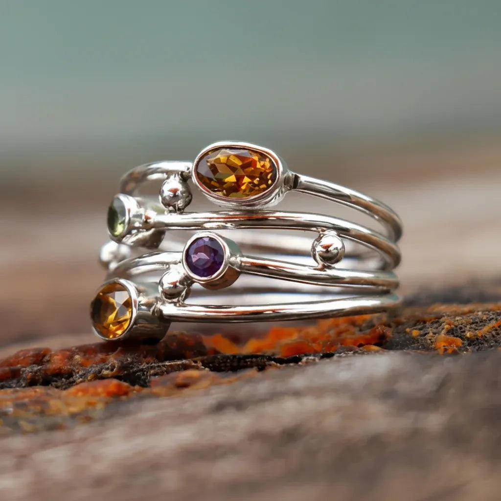 Adjustable Silver Boho Zircon Wrap Ring with Birthstone Accent