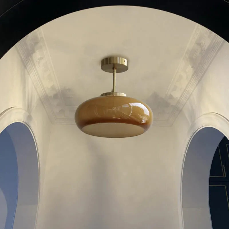 Antique Brass Semi-Flush Mount Ceiling Fixture with Yellow Glass Shade