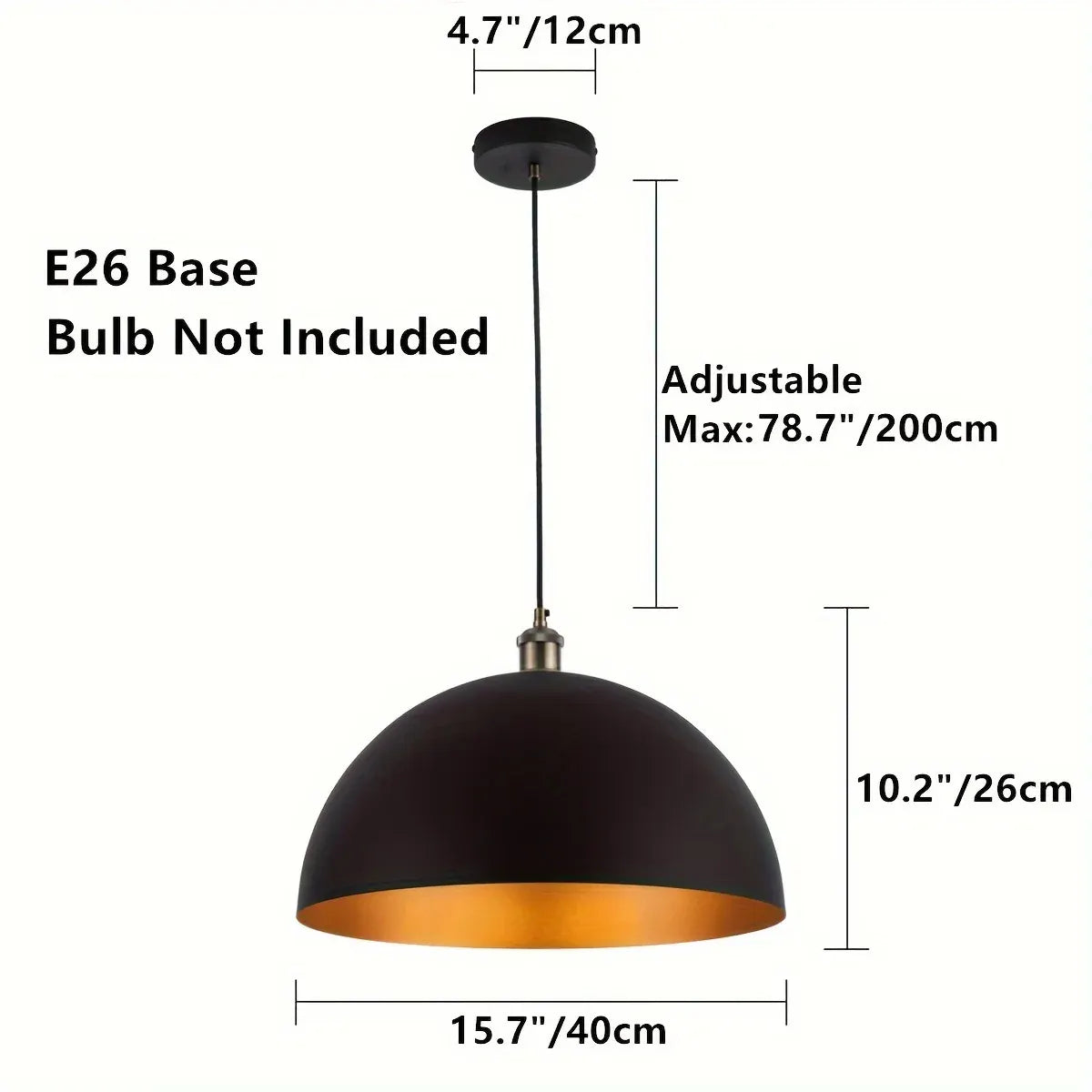 Black & Gold Iron Dome Pendant Light, Vintage Industrial Style