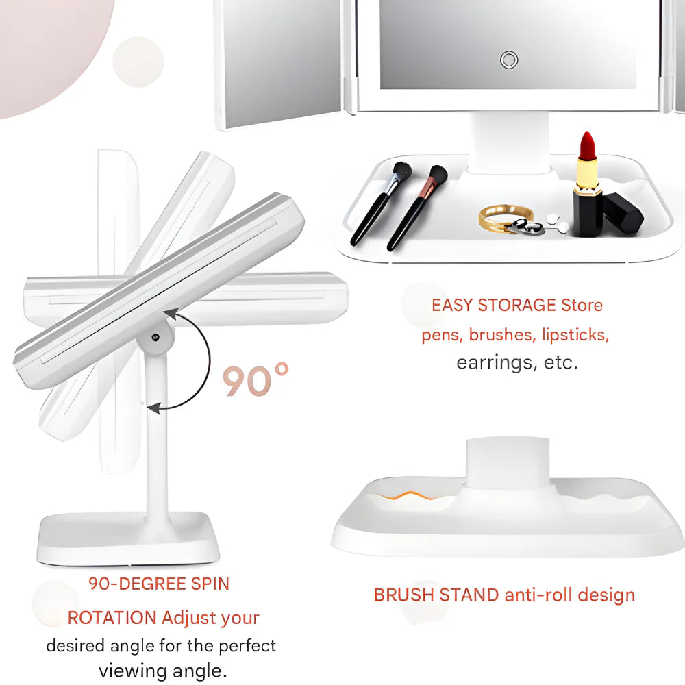 Foldable Tri-Fold Vanity Mirror with LED Lighting and Magnification