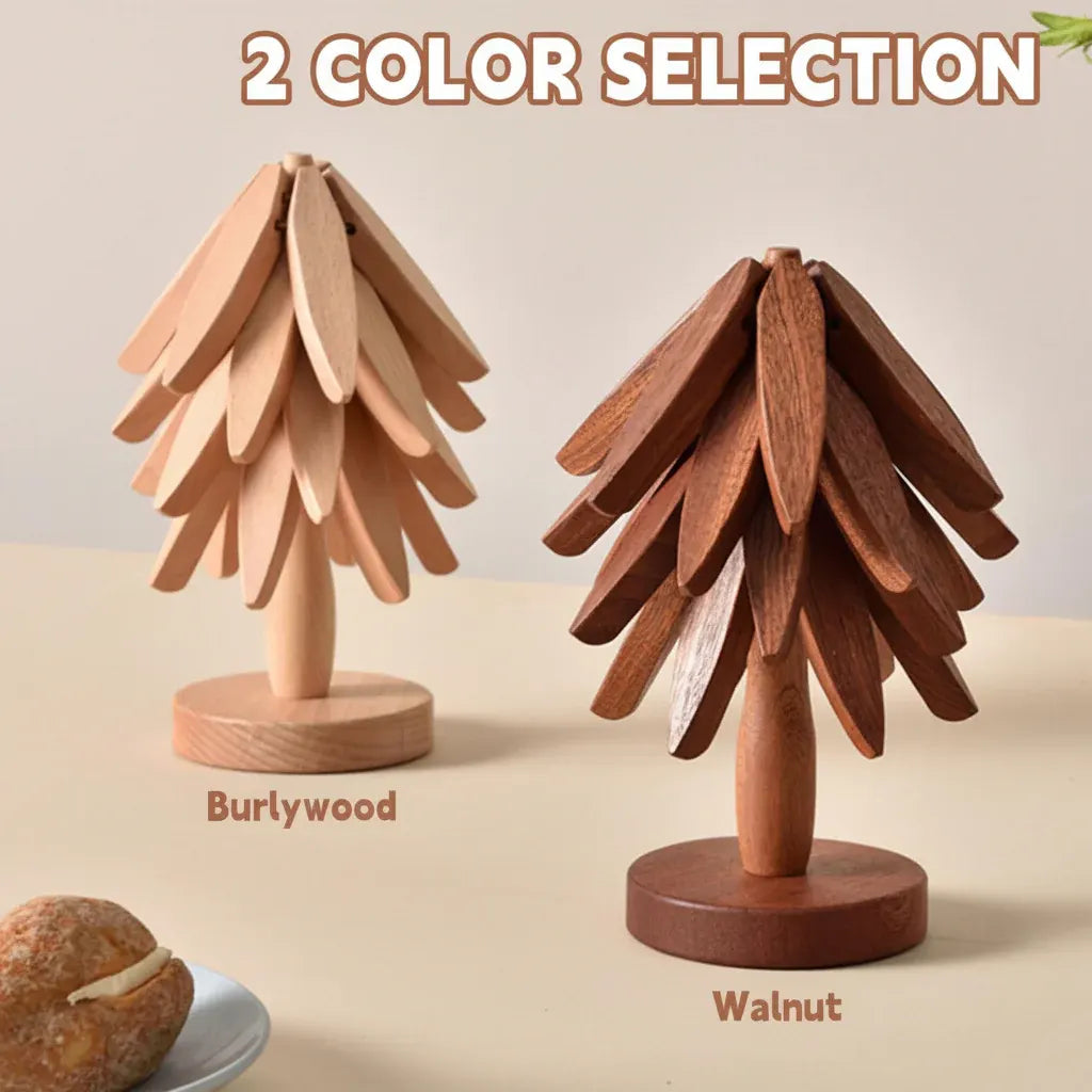 Foldable Wooden Tree-Design Kitchen Trivet Set, Heat Resistant