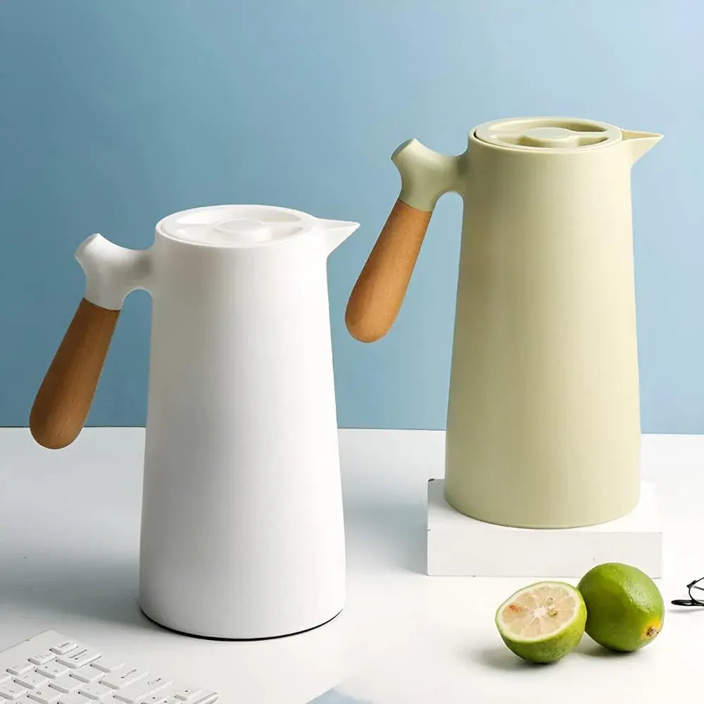 Insulated Thermal Carafe with Wooden Handle Beverage Dispenser