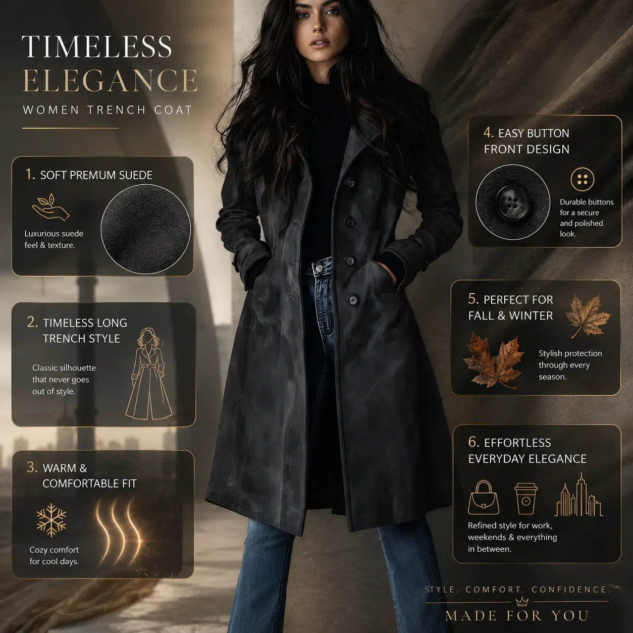 Long Suede Trench Coat for Women, Button-Front Fall Outerwear
