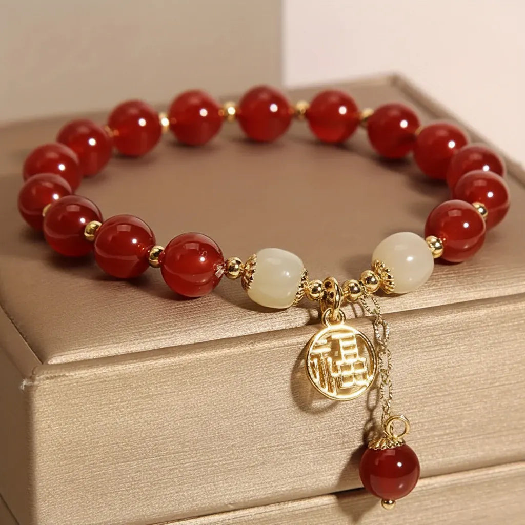 Natural Stone Beaded Bracelet – Red Gemstone Jewelry, Mother's Day Gift