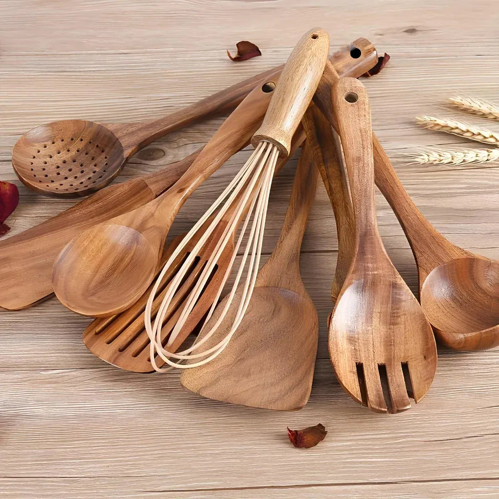 Natural Wood Kitchen Utensil Set with Cooking Spoons and Spatulas