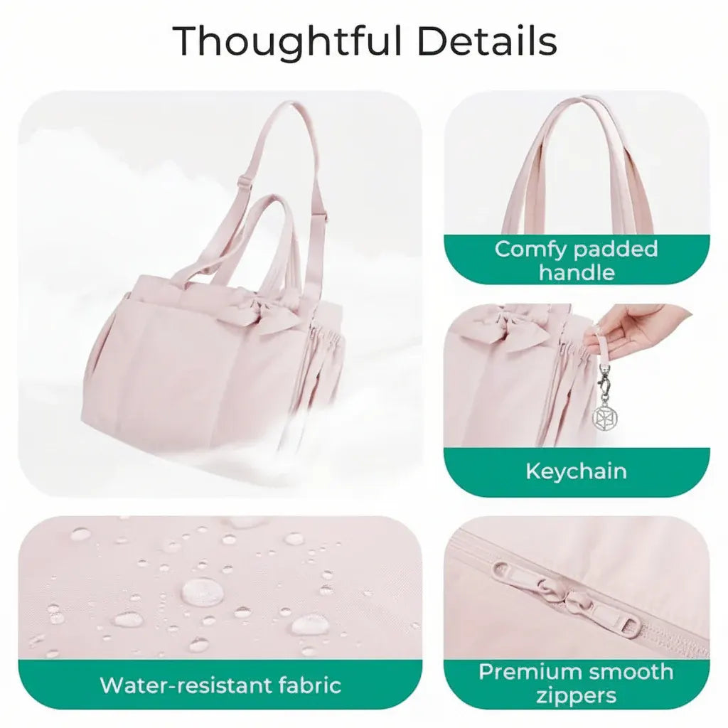 Nylon Shoulder Tote with Bow Detail for Women - Work & Travel Handbag