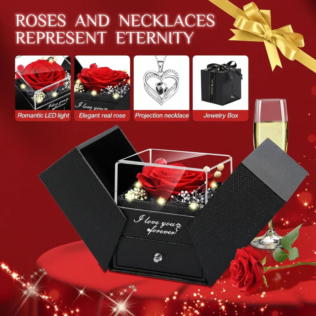 Preserved Eternal Rose Gift Box with LED Light Love Pendant Necklace