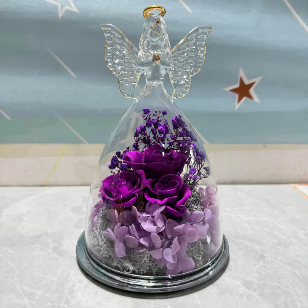Preserved Rose Angel Light Glass Dome Flower Gift Display