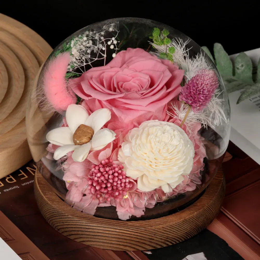 Preserved Rose Flower Dome with LED Light – Mother's Day Table Decor Gift