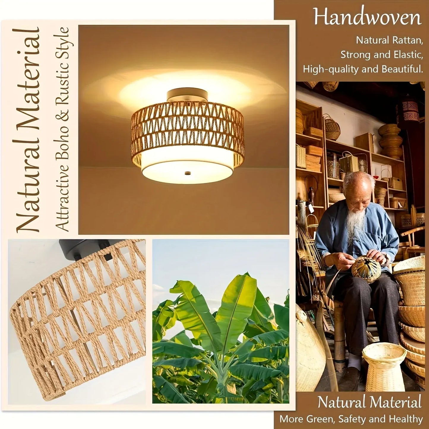 Rattan Semi-Flush Ceiling Light with Linen Shade – Boho Style
