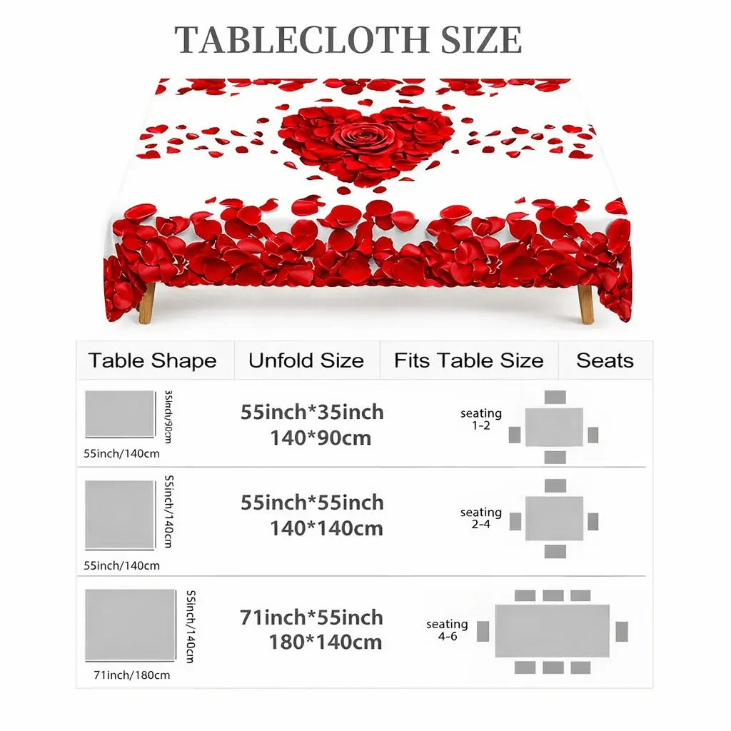 Romantic Rose Petal Heart Polyester Dining Tablecloth