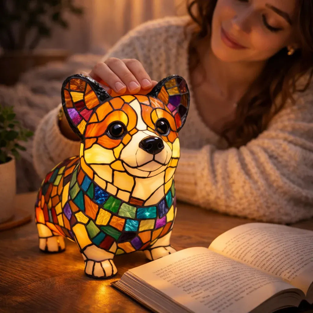 Stained Glass Dog Figurine LED Night Light Bedroom Table Lamp