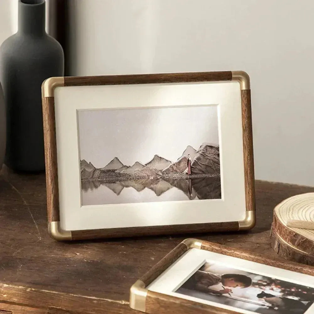 Vintage Wood & Brass Tabletop Picture Frame with Brooks Design