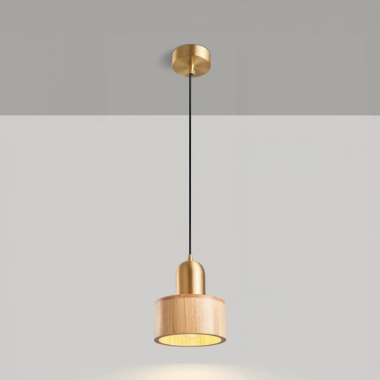 Walnut & Brass Cylinder Pendant Lamp | Japanese-Inspired Hanging Light Fixture