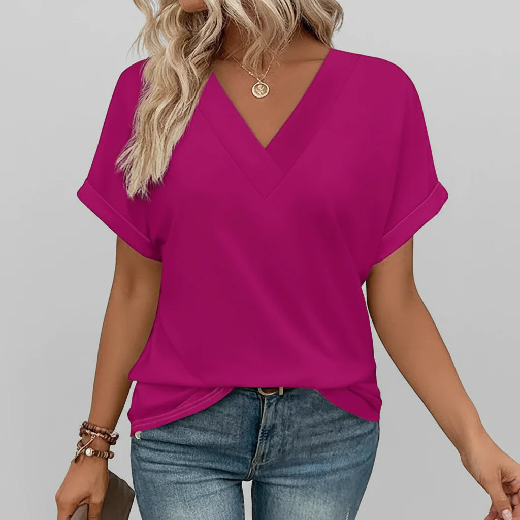Women's V-Neck Casual Loose-Fit Short Sleeve Summer Tee