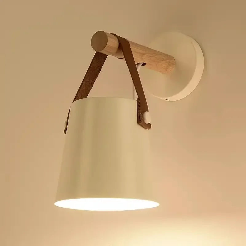 Wood & Leather Wall-Mounted Hanging Bedside Lamp, Nordic Style