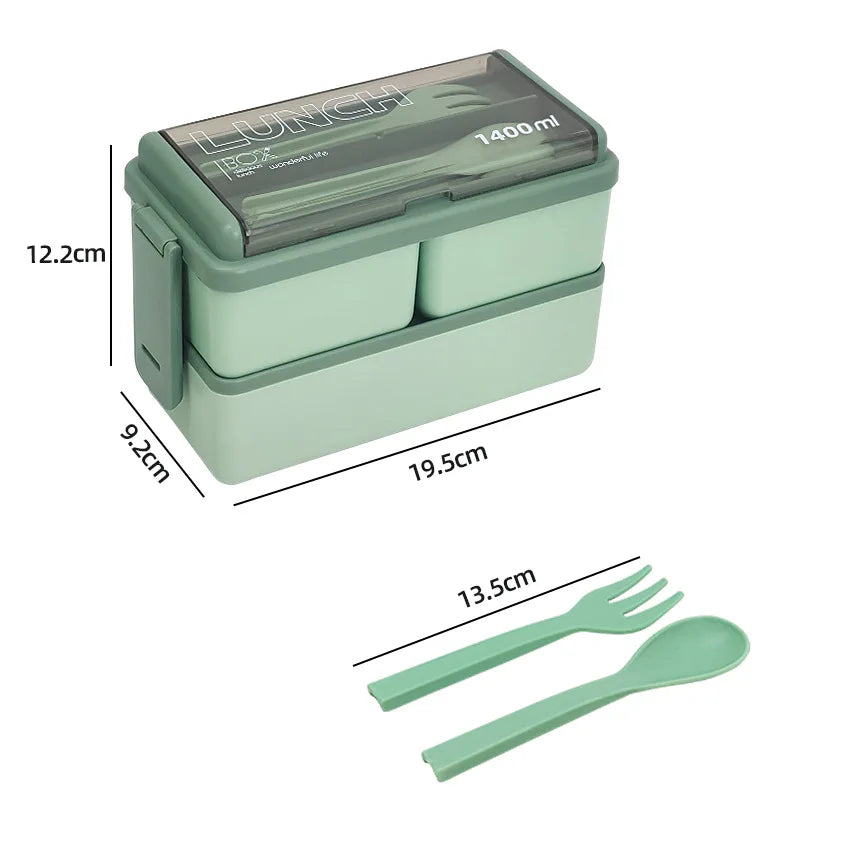 1400ml Two-Tier Bento Lunch Box with Fork & Spoon – Portable, Microwave-Safe Food Container for Kids & Adults