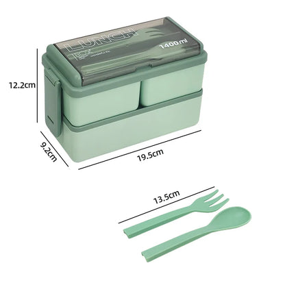 1400ml Two-Tier Bento Lunch Box with Fork & Spoon – Portable, Microwave-Safe Food Container for Kids & Adults