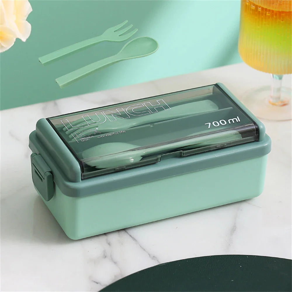 1400ml Two-Tier Bento Lunch Box with Fork & Spoon – Portable, Microwave-Safe Food Container for Kids & Adults