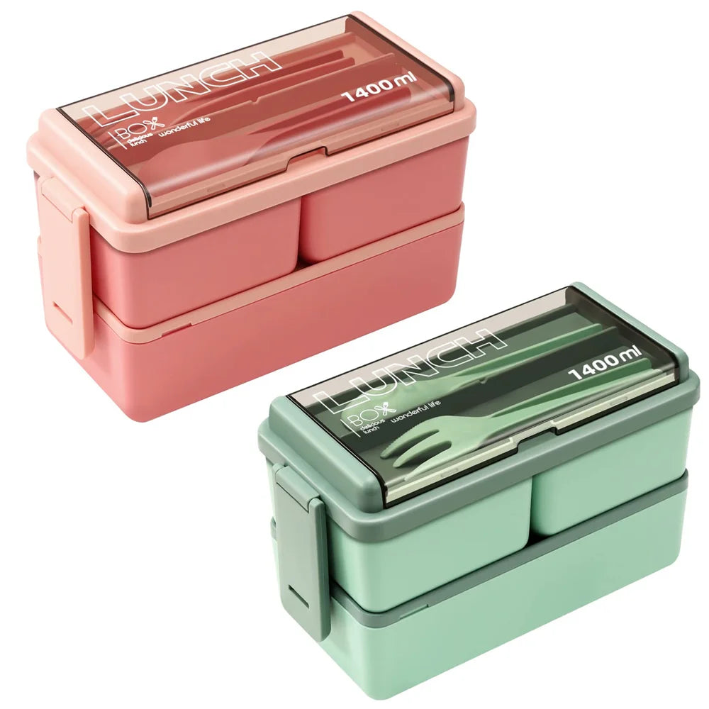 1400ml Two-Tier Bento Lunch Box with Fork & Spoon – Portable, Microwave-Safe Food Container for Kids & Adults