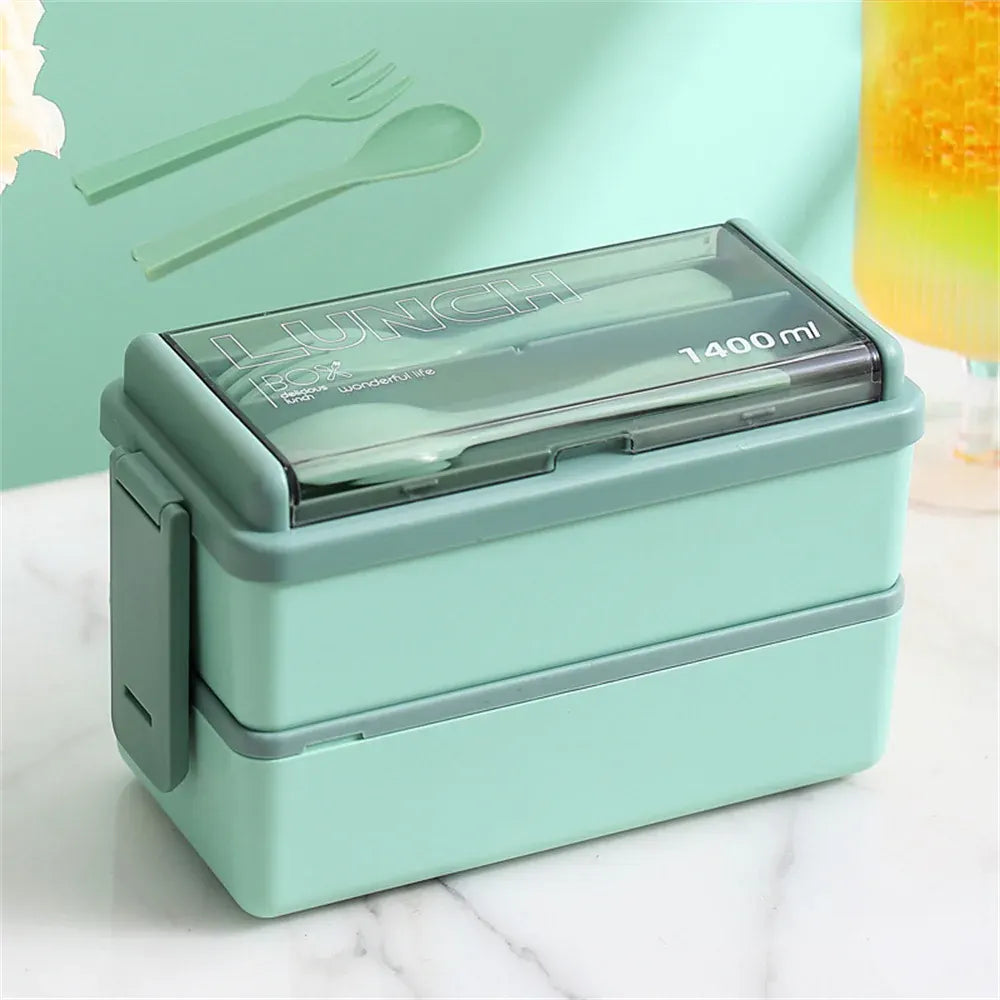 1400ml Two-Tier Bento Lunch Box with Fork & Spoon – Portable, Microwave-Safe Food Container for Kids & Adults