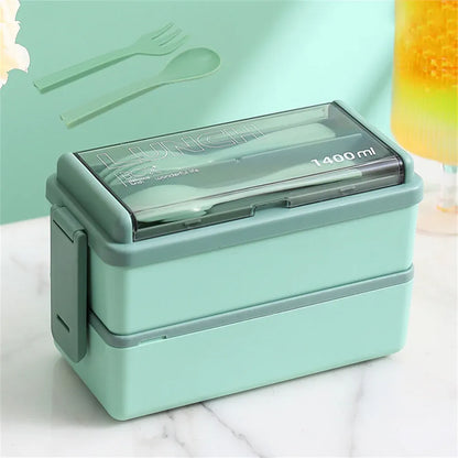 1400ml Two-Tier Bento Lunch Box with Fork & Spoon – Portable, Microwave-Safe Food Container for Kids & Adults