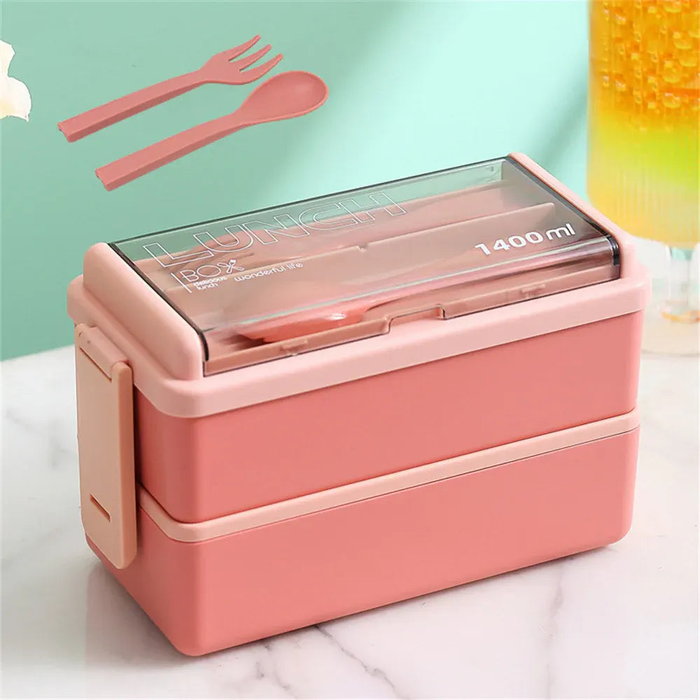 1400ml Two-Tier Bento Lunch Box with Fork & Spoon – Portable, Microwave-Safe Food Container for Kids & Adults