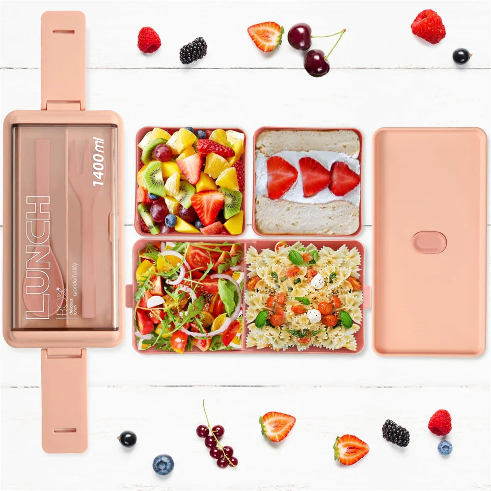 1400ml Two-Tier Bento Lunch Box with Fork & Spoon – Portable, Microwave-Safe Food Container for Kids & Adults
