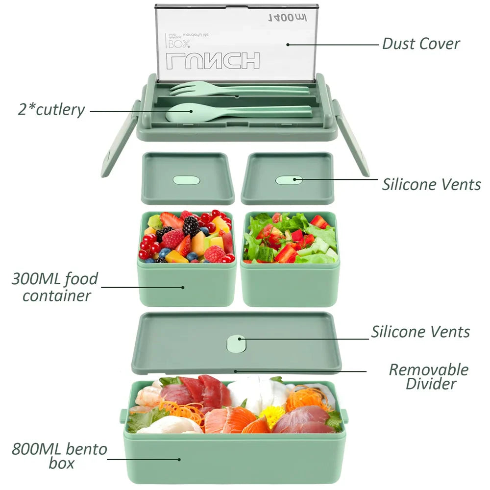 1400ml Two-Tier Bento Lunch Box with Fork & Spoon – Portable, Microwave-Safe Food Container for Kids & Adults