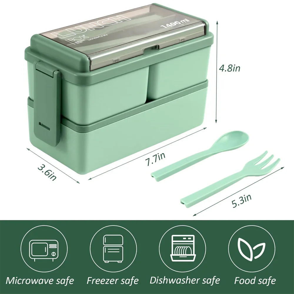 1400ml Two-Tier Bento Lunch Box with Fork & Spoon – Portable, Microwave-Safe Food Container for Kids & Adults