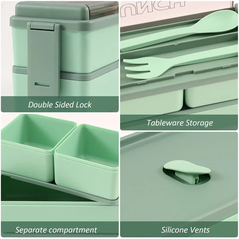 1400ml Two-Tier Bento Lunch Box with Fork & Spoon – Portable, Microwave-Safe Food Container for Kids & Adults