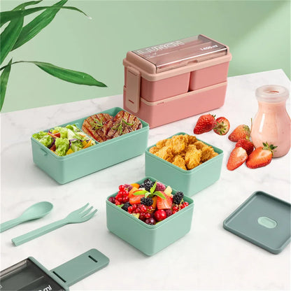1400ml Two-Tier Bento Lunch Box with Fork & Spoon – Portable, Microwave-Safe Food Container for Kids & Adults