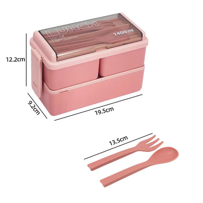 1400ml Two-Tier Bento Lunch Box with Fork & Spoon – Portable, Microwave-Safe Food Container for Kids & Adults