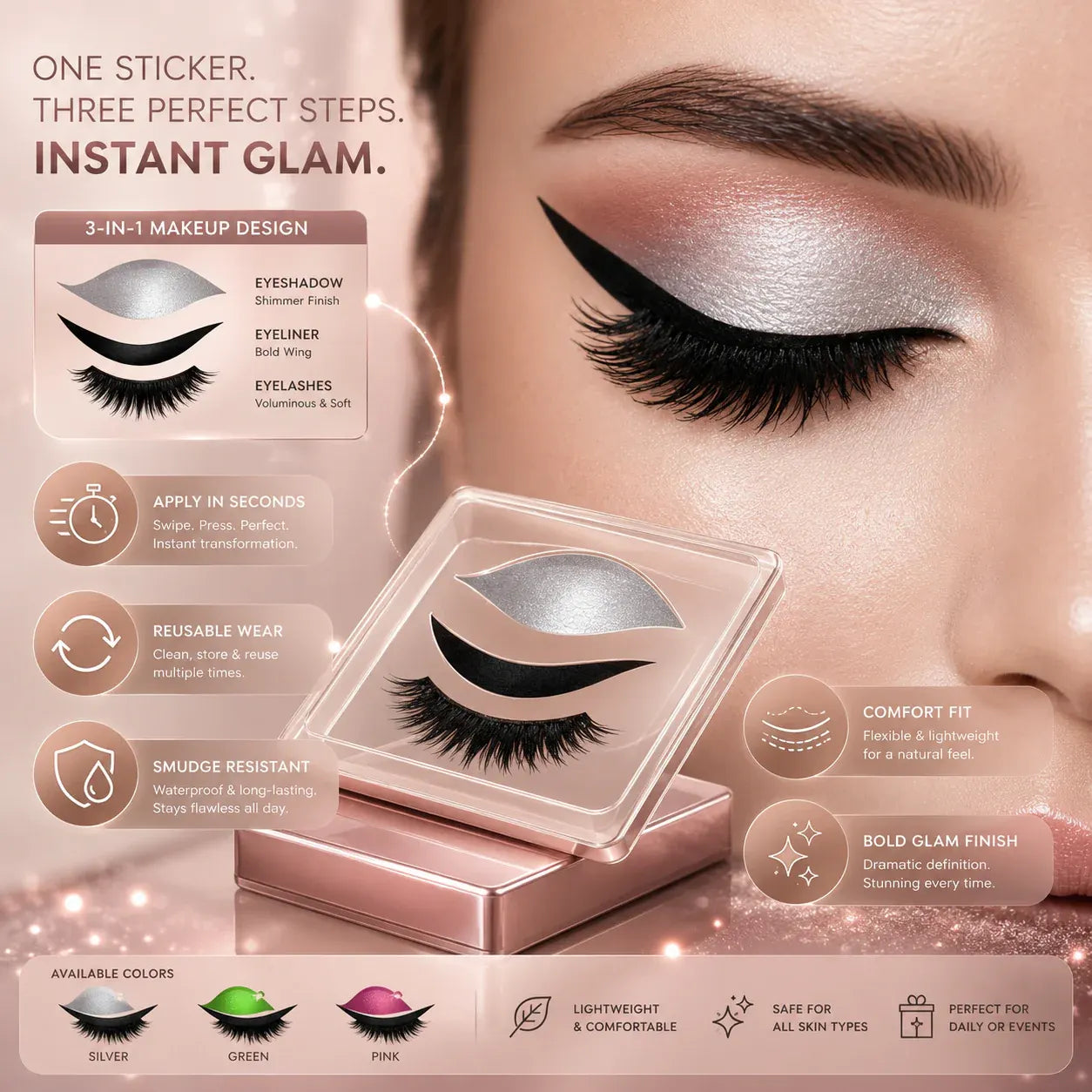 3-in-1 Reusable False Eyelashes with Eyeliner Eyeshadow Makeup Stickers