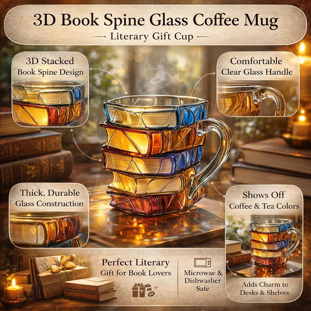 3D Book-Shaped Glass Coffee Mug - Literary Themed Novelty Gift Cup