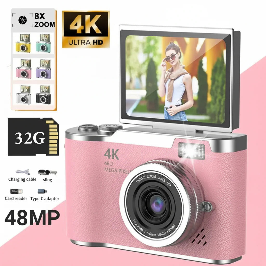 4K Digital Camera with Flip Screen, 48MP Resolution, 8X Zoom, Compact Photo & Video Recorder