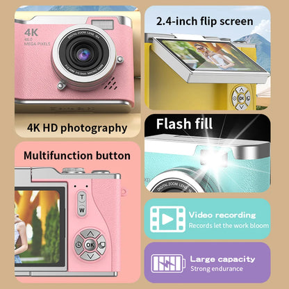 4K Digital Camera with Flip Screen, 48MP Resolution, 8X Zoom, Compact Photo & Video Recorder