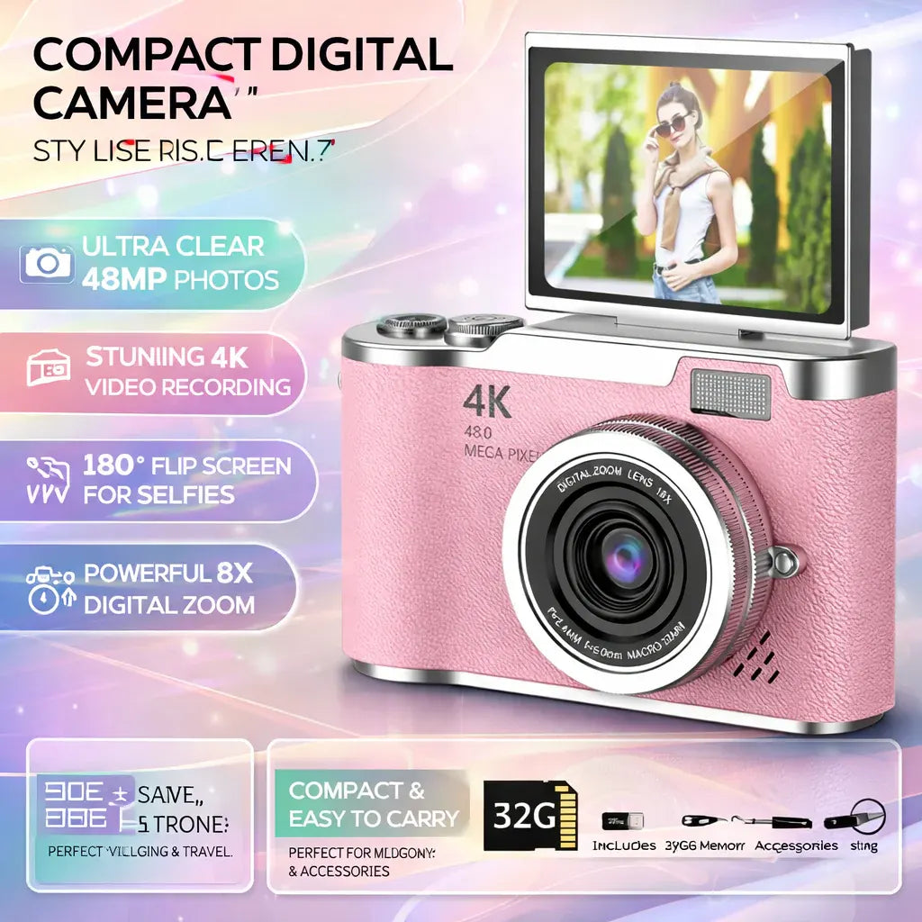 4K Digital Camera with Flip Screen, 48MP Resolution, 8X Zoom, Compact Photo & Video Recorder
