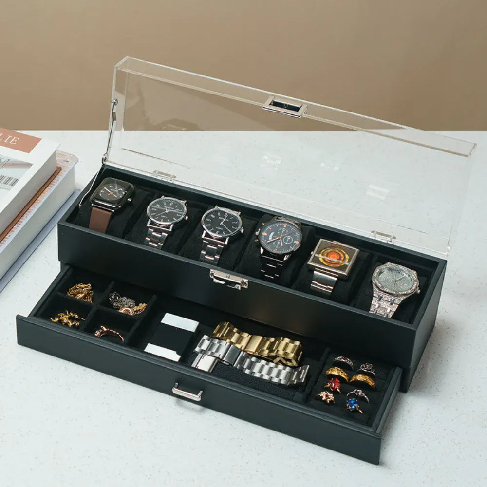 6-Slot Watch Organizer Storage Box with Drawer - Mother's Day Gift Case