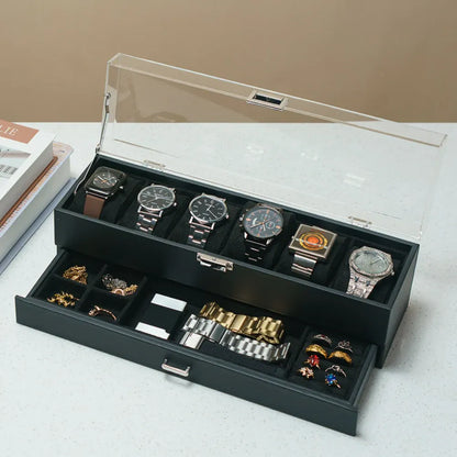 6-Slot Watch Organizer Storage Box with Drawer - Mother's Day Gift Case