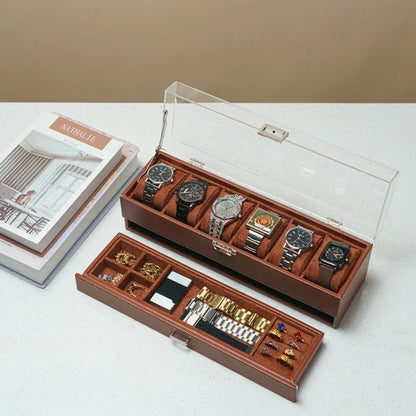 6-Slot Watch Organizer Storage Box with Drawer - Mother's Day Gift Case