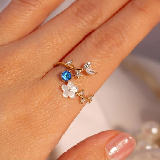 Adjustable Birthstone Flower Ring with Cubic Zirconia - Mother's Day Gift