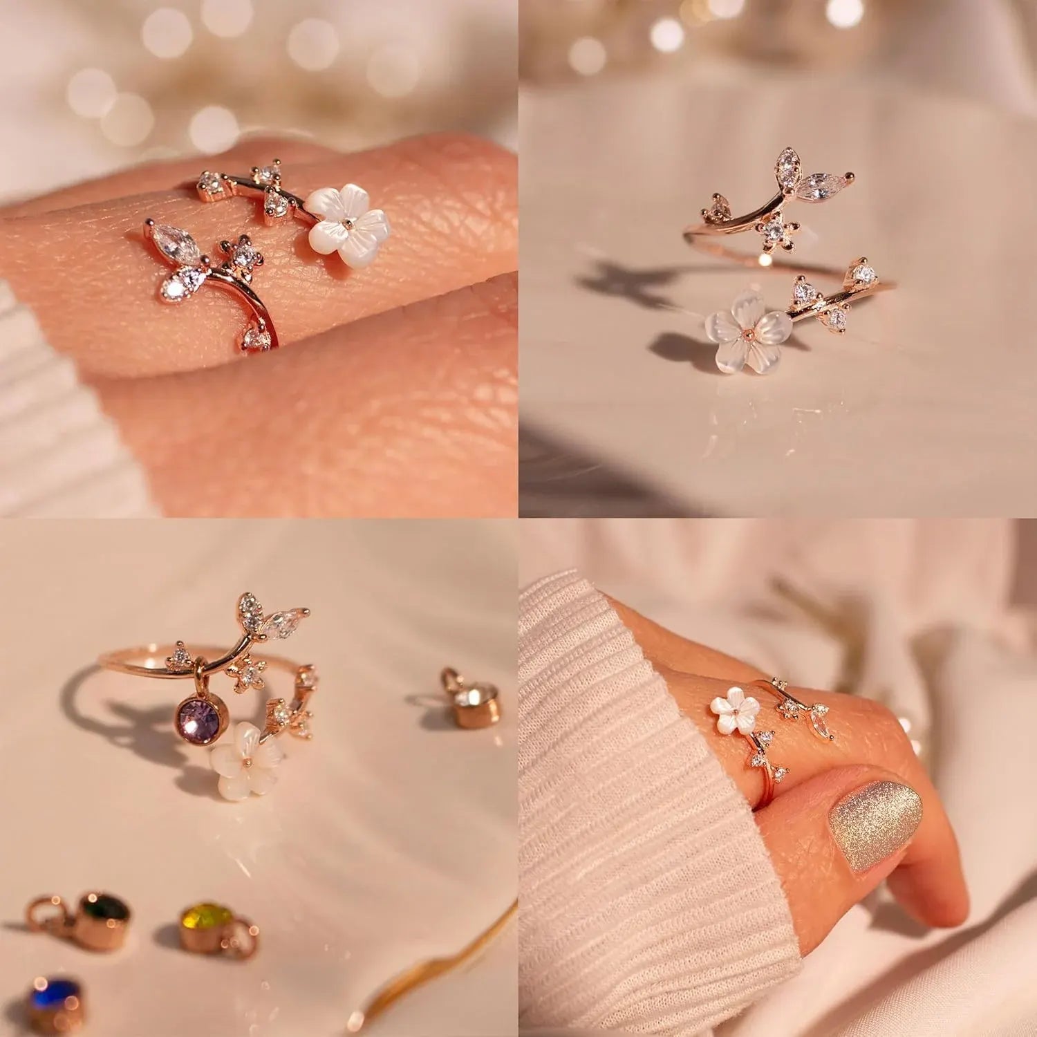 Adjustable Birthstone Flower Ring with Cubic Zirconia - Mother's Day Gift