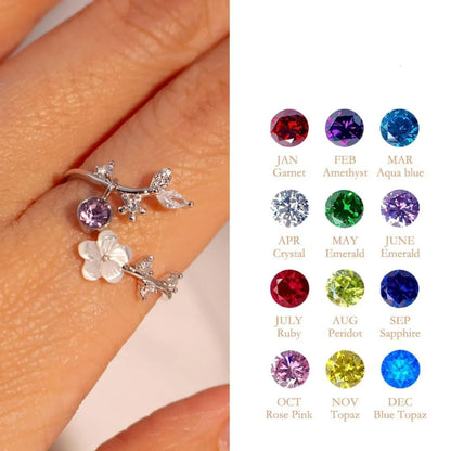 Adjustable Birthstone Flower Ring with Cubic Zirconia - Mother's Day Gift