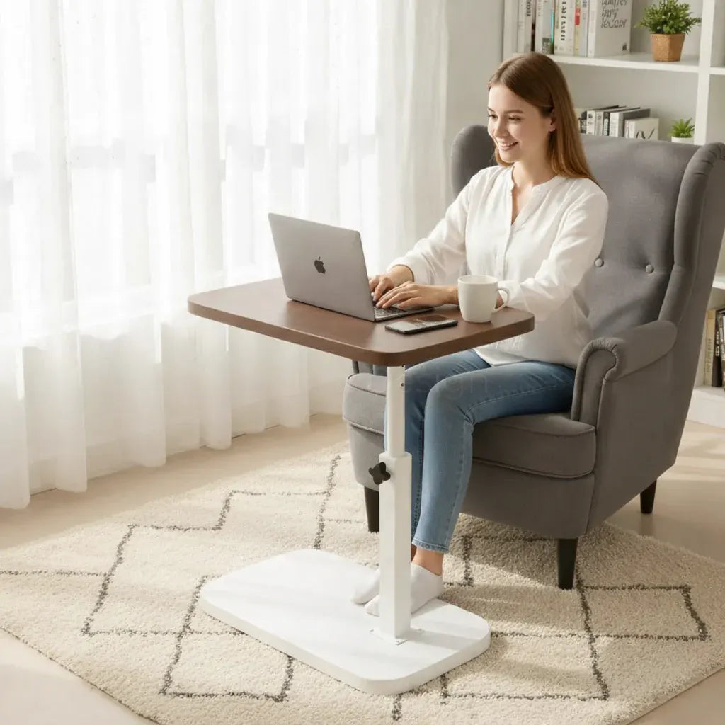 Adjustable C-Shaped Sofa Side Table with Walnut Finish for Laptop Use