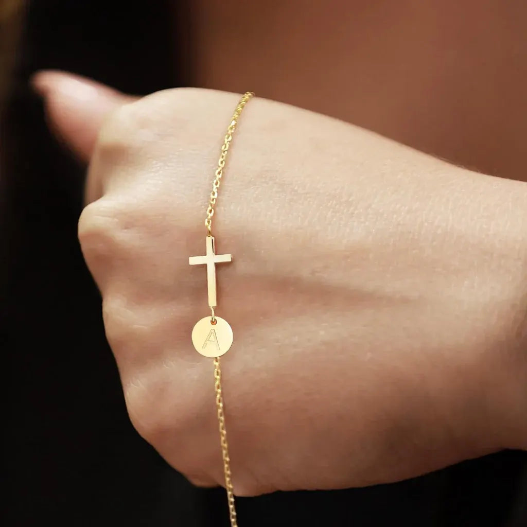 Adjustable Cross Initial Chain Bracelet – Mother's Day Jewelry Gift