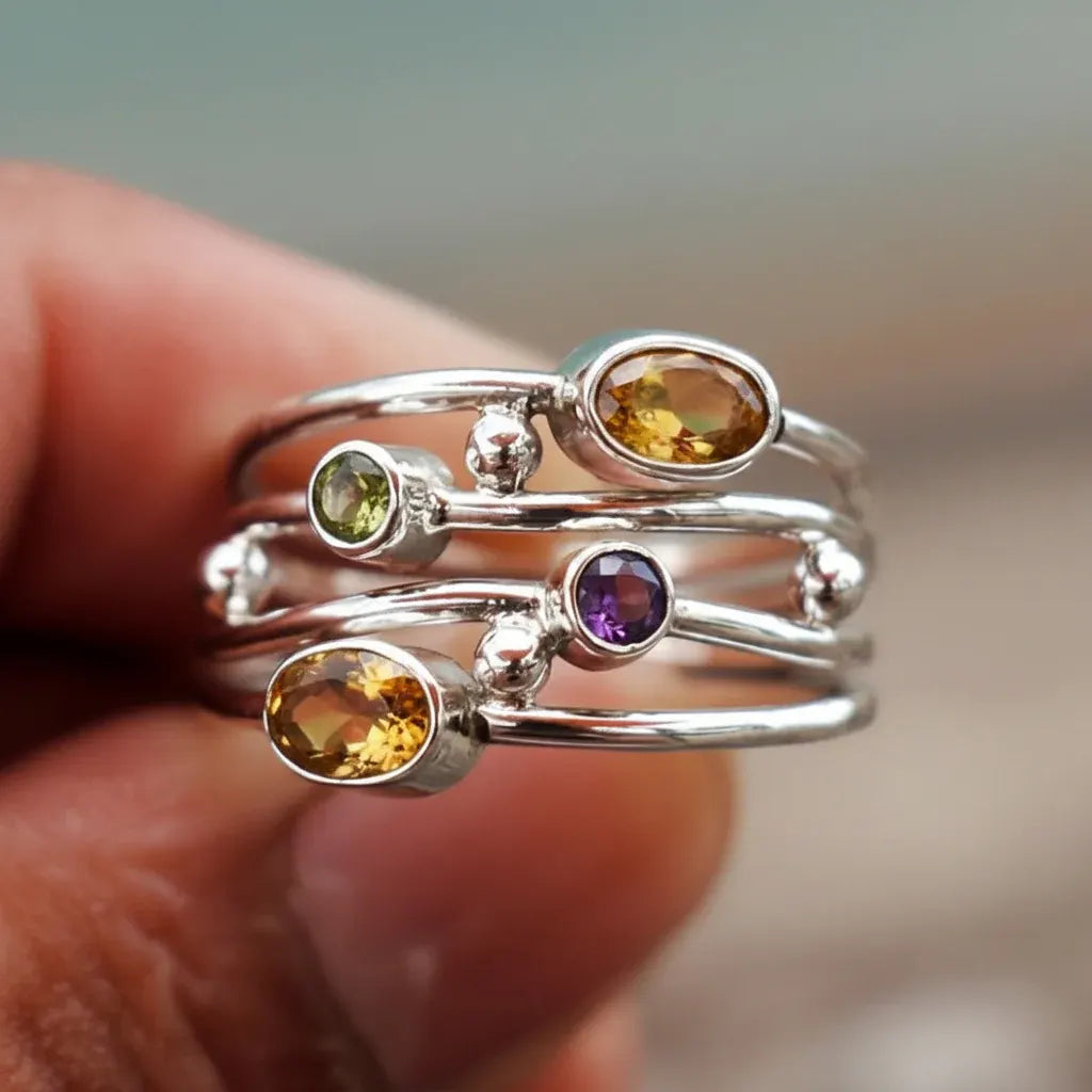 Adjustable Silver Boho Zircon Wrap Ring with Birthstone Accent