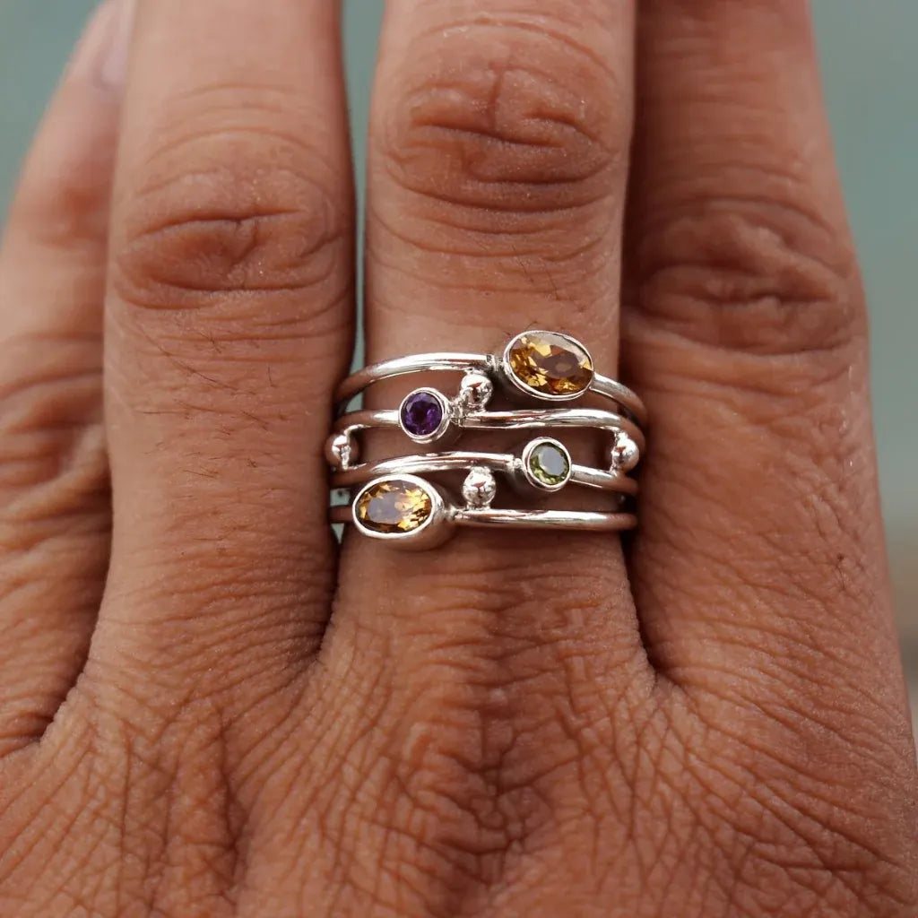 Adjustable Silver Boho Zircon Wrap Ring with Birthstone Accent