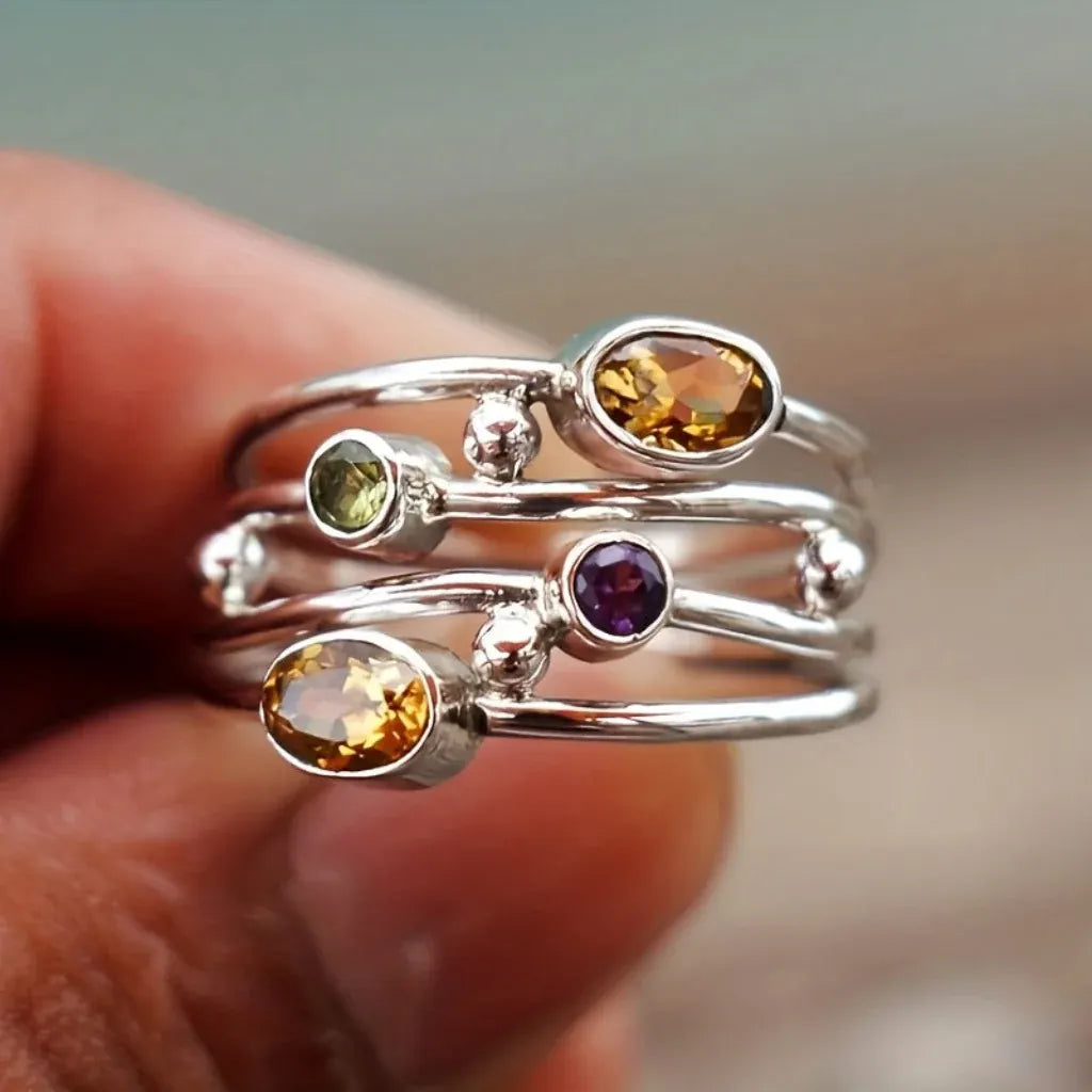 Adjustable Silver Boho Zircon Wrap Ring with Birthstone Accent