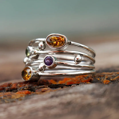 Adjustable Silver Boho Zircon Wrap Ring with Birthstone Accent